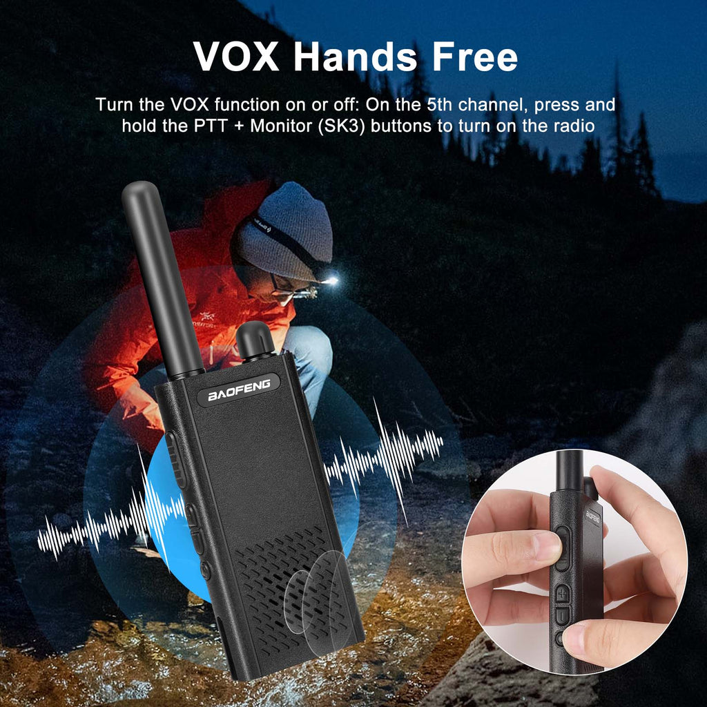 BF-T26 Walkie talkie with user manual instructions on VOX function, person using flashlight in dark forest.