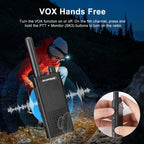 BF-T26 Walkie talkie with user manual instructions on VOX function, person using flashlight in dark forest.