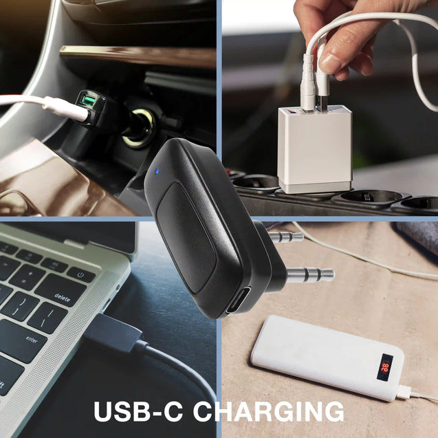 Collage of USB-C charging scenarios including car charger, laptop, and power bank.