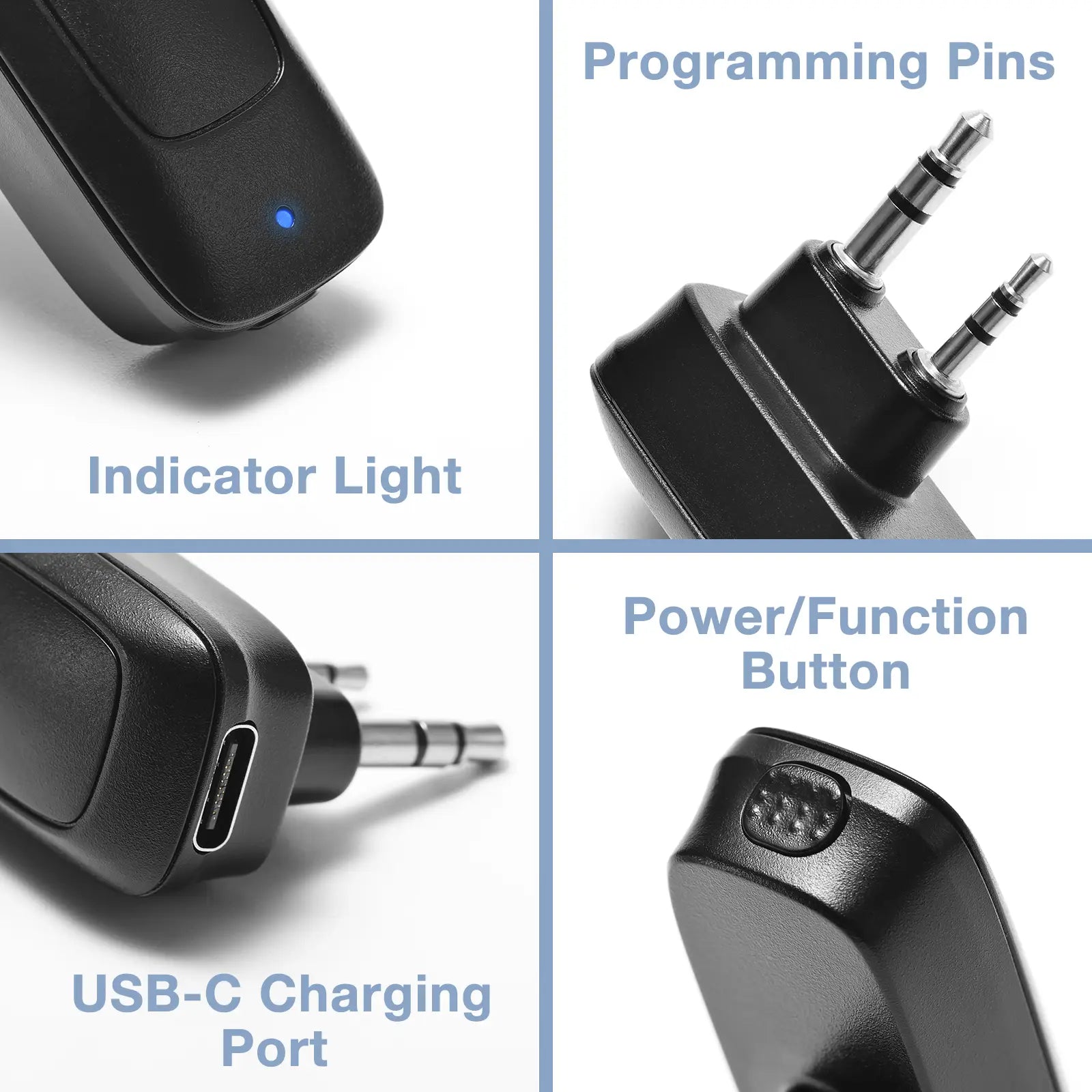 Close-up of Baofeng BT-A1D components with labels on a white background