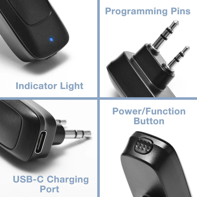 Close-up of Baofeng BT-A1D components with labels on a white background