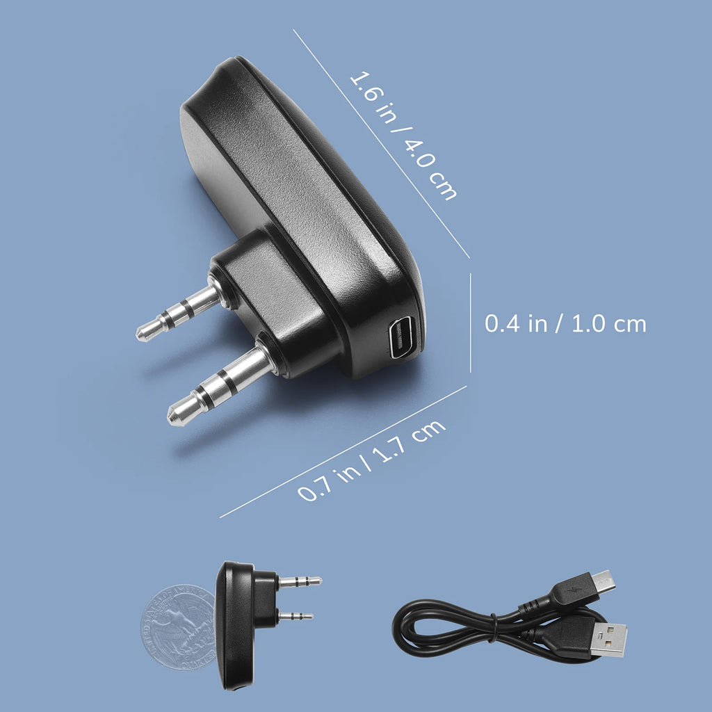 Black Baofeng BT-A1D adapter with measurements on a blue background