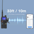 Two-way radio and smartphone showing wireless connection range on a blue background