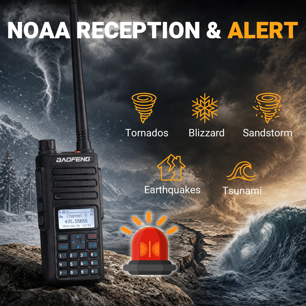 A handheld NOAA radio device Baofeng DM-1801 Pro with an antenna stands on rocky ground against a stormy seascape background. Large text reads 'NOAA RECEPTION & ALERT,' with icons and labels for tornadoes, blizzard, sandstorm, earthquakes, and tsunami, plus a red alarm graphic.