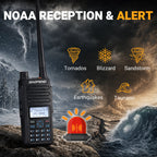 A handheld NOAA radio device Baofeng DM-1801 Pro with an antenna stands on rocky ground against a stormy seascape background. Large text reads 'NOAA RECEPTION & ALERT,' with icons and labels for tornadoes, blizzard, sandstorm, earthquakes, and tsunami, plus a red alarm graphic.