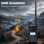 A black Baofeng DM-1801 Pro handheld walkie-talkie is shown in the foreground on a misty mountain road, with overlaid text and signal graphics explaining automatic repeater handoff. The scene includes mountains, a dirt road, and repeater towers, making this a lifestyle/hero composite rather than a plain studio product shot.