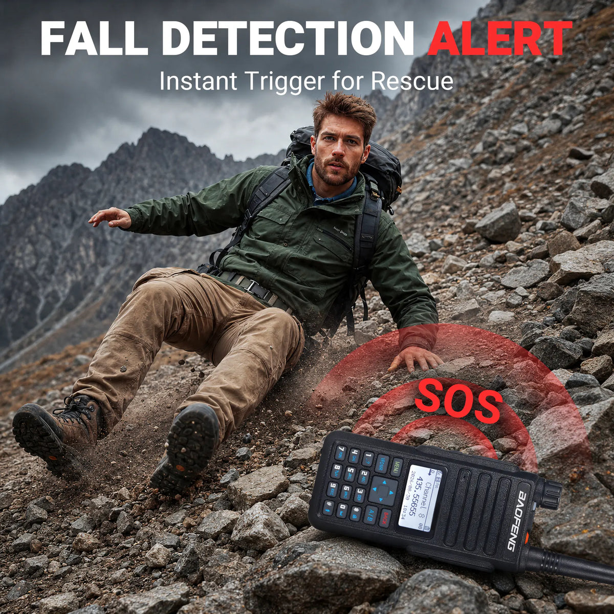 A man in outdoor gear slides down a rocky mountain slope, with a handheld black Baofeng DM-1801 Pro radio device in the foreground and large text reading 'FALL DETECTION ALERT' and 'SOS'. This is a lifestyle promotional image showing the product in use in a real environment.