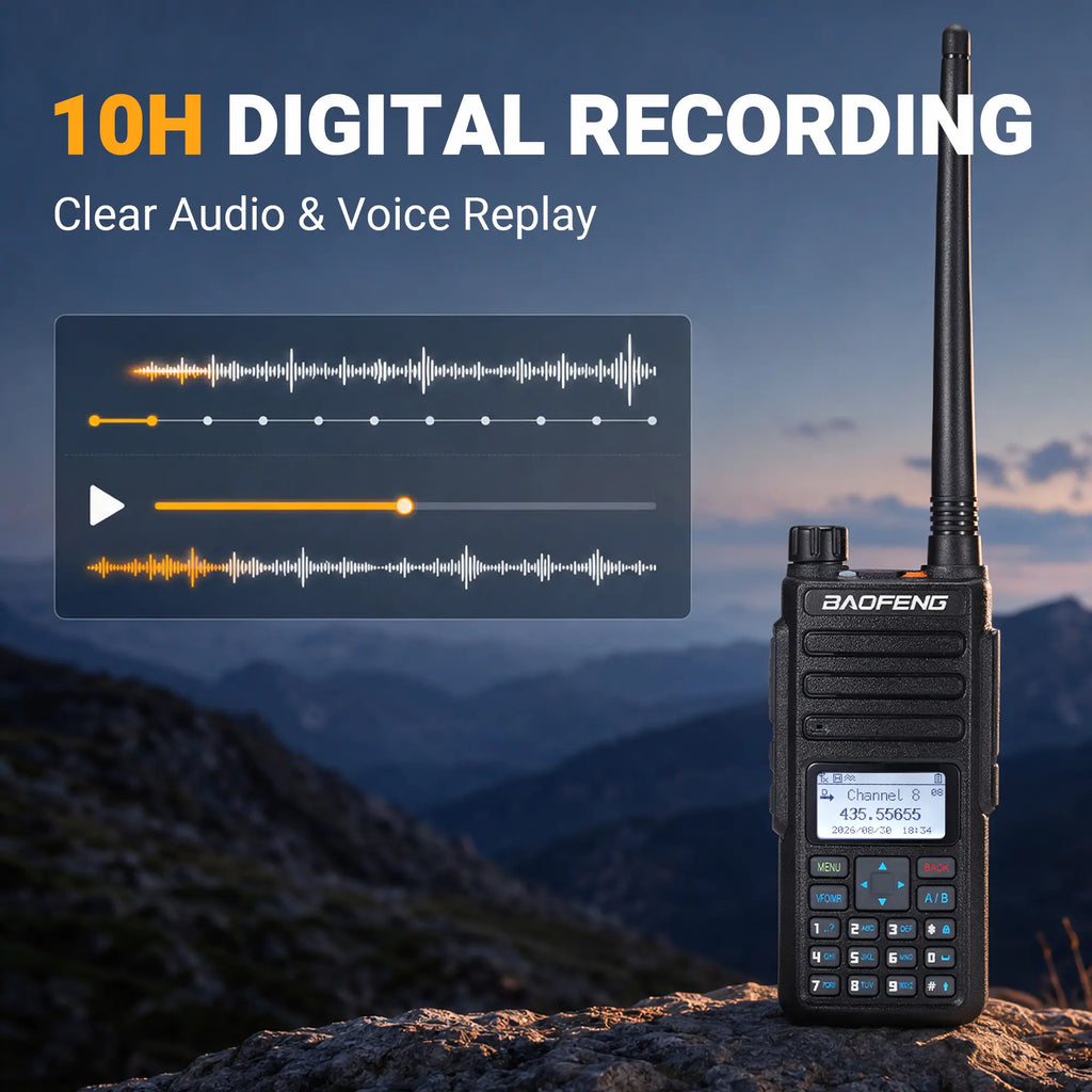 A Baofeng DM-1801 Pro handheld walkie-talkie radio stands on a rocky mountain surface with a mountain landscape in the background. Large text at the top reads '10H DIGITAL RECORDING' and 'Clear Audio & Voice Replay,' with a graphic showing audio waveform recordings.