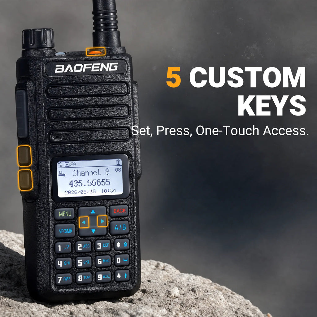 A Baofeng DM-1801 Pro handheld walkie-talkie radio shown standing on a rock with promotional text reading '5 CUSTOM KEYS' and 'Set, Press, One-Touch Access.' The product is black with small orange/yellow accent buttons and a blue-gray display screen.