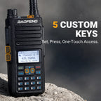 A Baofeng DM-1801 Pro handheld walkie-talkie radio shown standing on a rock with promotional text reading '5 CUSTOM KEYS' and 'Set, Press, One-Touch Access.' The product is black with small orange/yellow accent buttons and a blue-gray display screen.