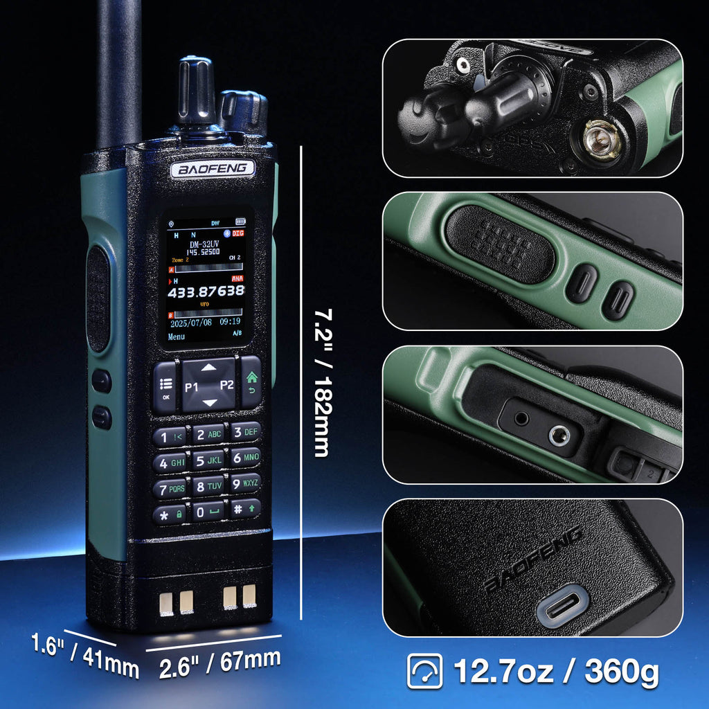 Baofeng DM-32UV 10W Multi-Band DMR Radio with close-up details on a dark background