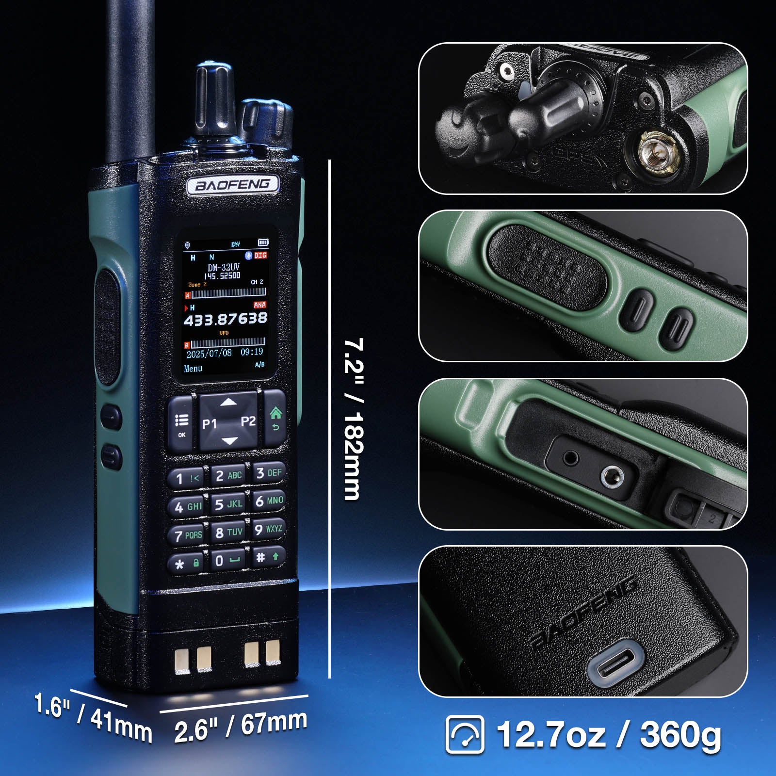 Baofeng DM-32UV 10W Multi-Band DMR Radio with close-up details on a dark background