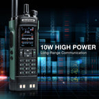 Baofeng DM-32UV 10W Multi-Band DMR Radio with '10W High Power' and 'Long-Range Communication' text against a cityscape background.