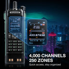 Baofeng DM-32UV 10W Multi-Band DMR Radio with digital display against a cityscape background