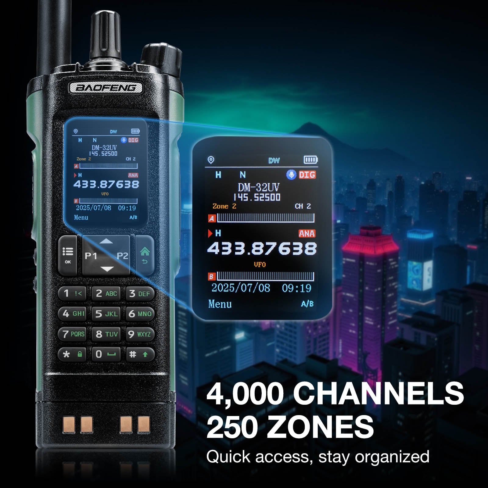 Baofeng DM-32UV 10W Multi-Band DMR Radio with digital display against a cityscape background