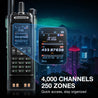 Baofeng DM-32UV 10W Multi-Band DMR Radio with digital display against a cityscape background