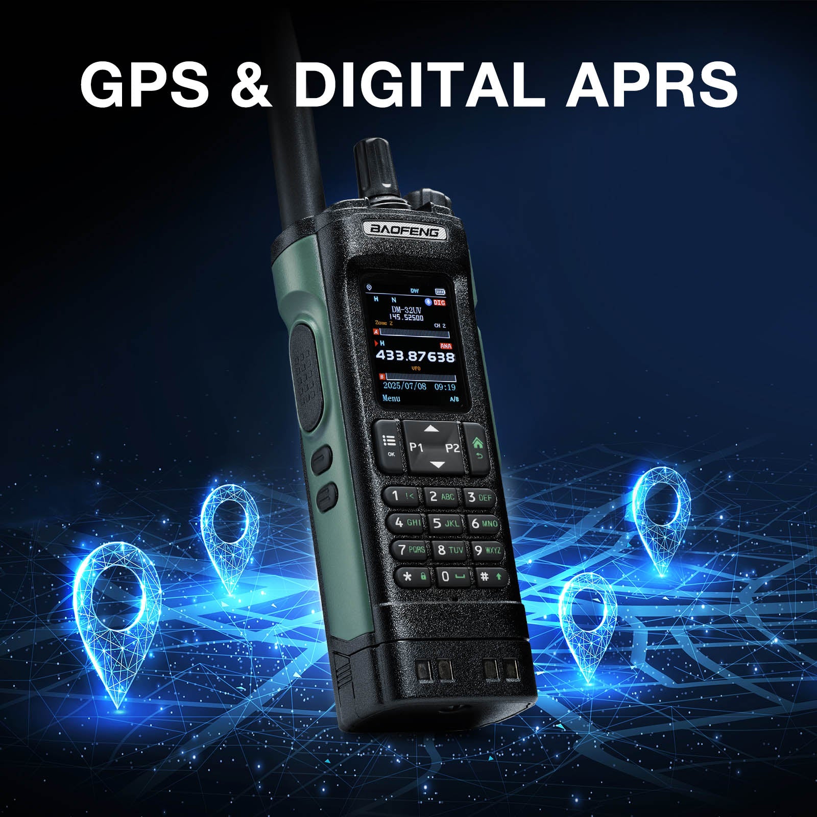 DM-32UV 10W Multi-Band DMR Radio GPS and digital APRS device with digital display on a dark background