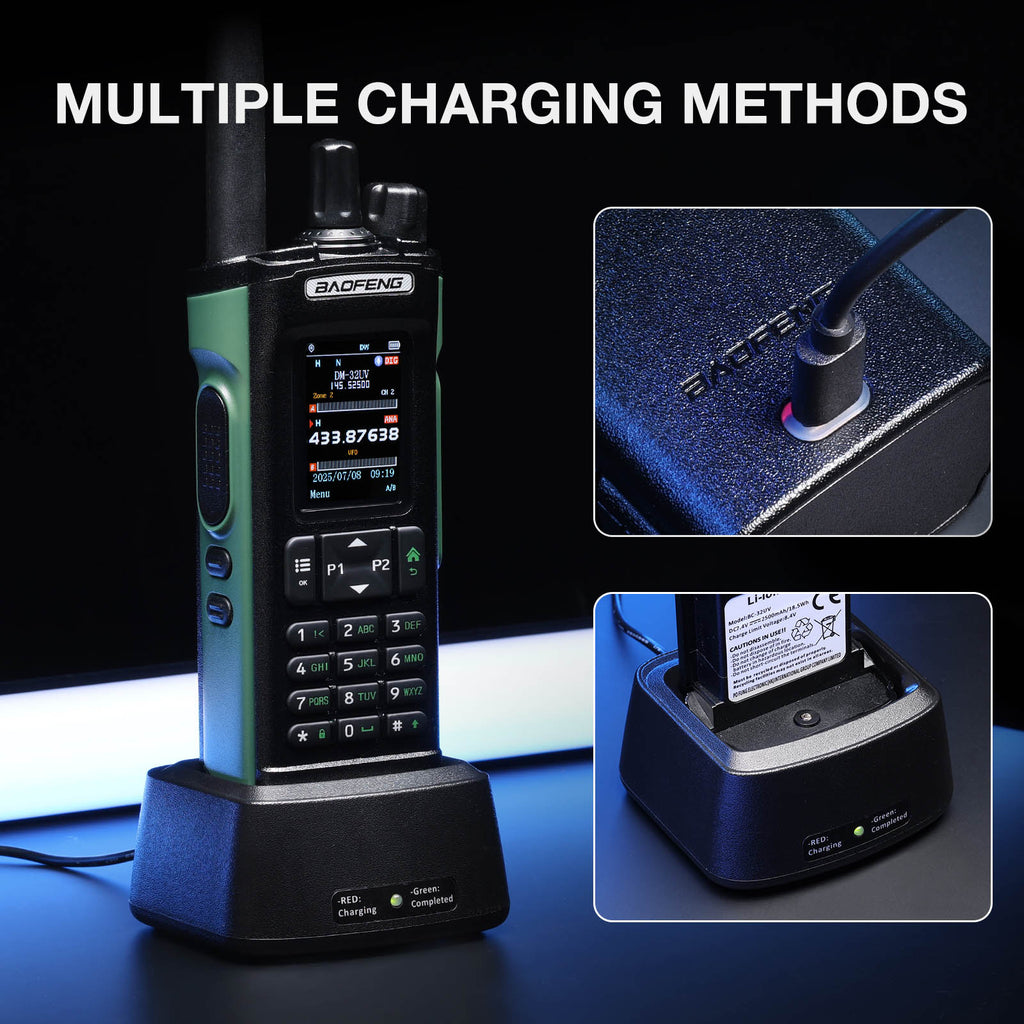 Baofeng DM-32UV 10W Multi-Band DMR Radio with charging cable and dock on a dark background