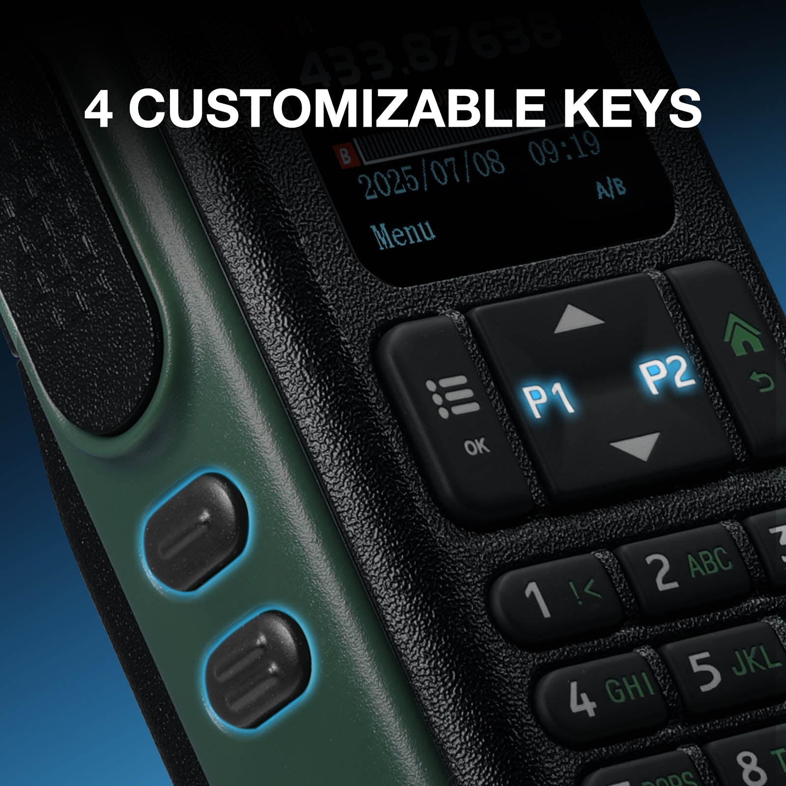 Close-up of DM-32UV 10W Multi-Band DMR Radio with customizable keys and digital display on a blue gradient background.