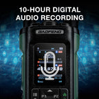 Baofeng DM-32UV 10W Multi-Band DMR Radio digital audio recorder with 10-hour digital audio recording text on a blue digital background