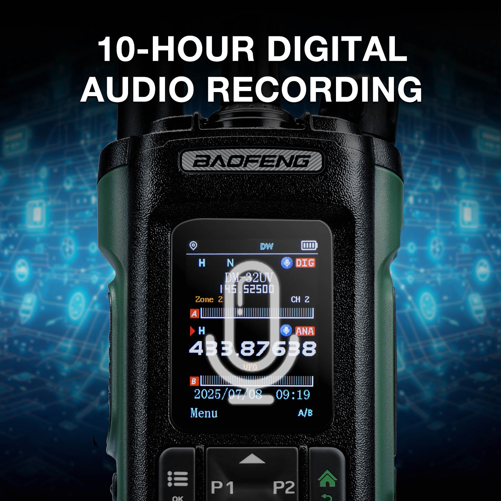 Baofeng DM-32UV 10W Multi-Band DMR Radio digital audio recorder with 10-hour digital audio recording text on a blue digital background
