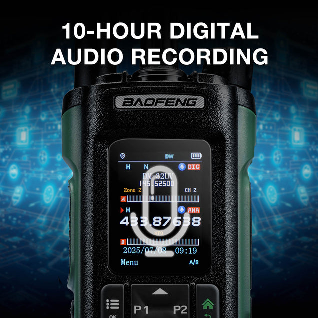 Baofeng DM-32UV 10W Multi-Band DMR Radio digital audio recorder with 10-hour digital audio recording text on a blue digital background