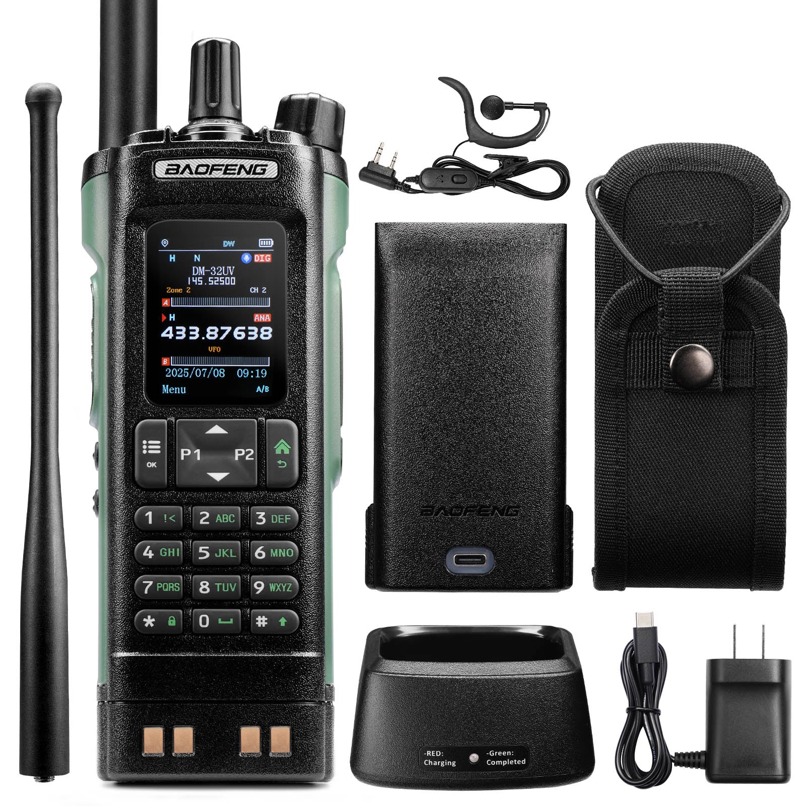 Baofeng DM-32UV 10W Multi-Band DMR Radio set with battery, charger, and accessories on a white background