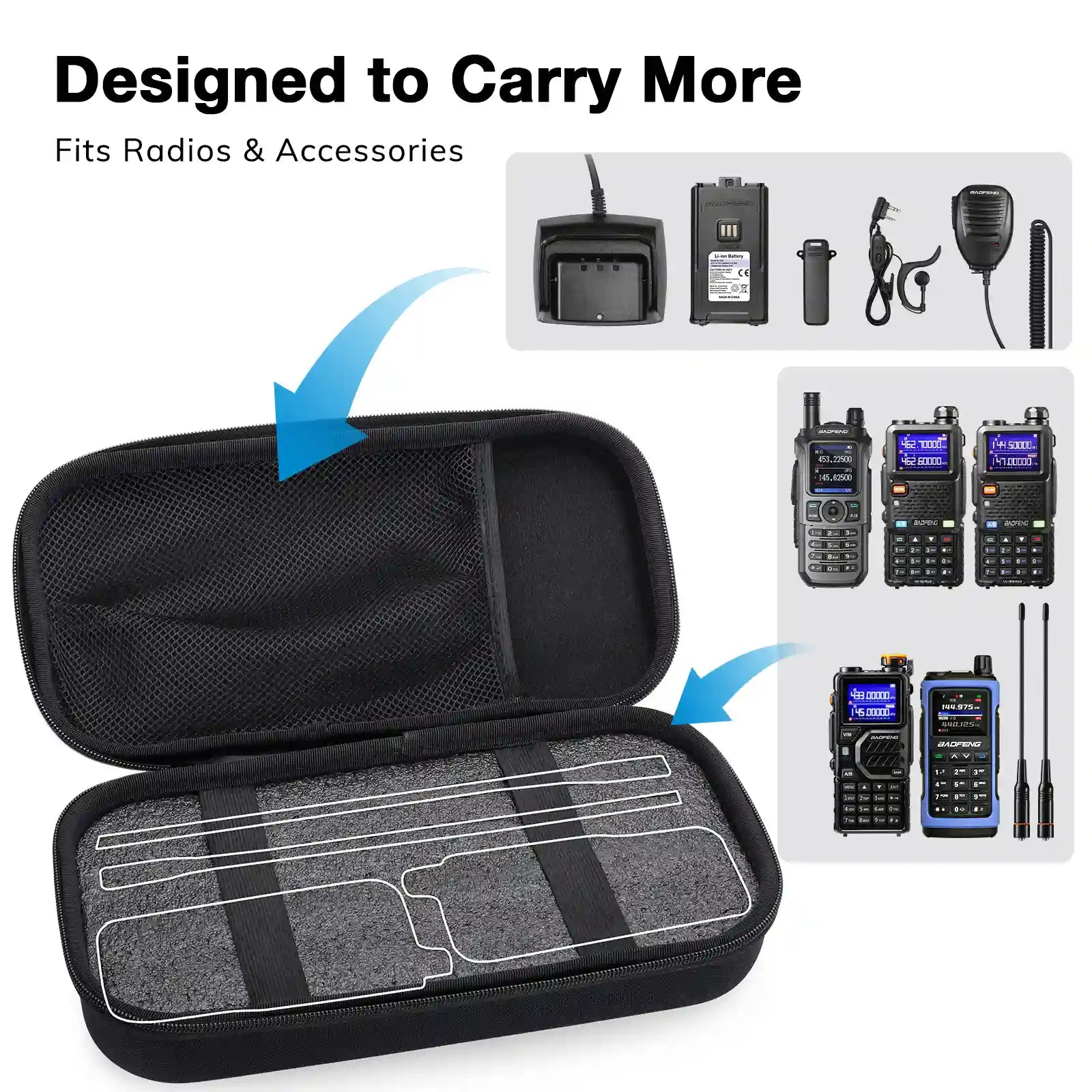 PB5 Walkie Talkie Carrying Case for radios and accessories with text 'Designed to Carry More' and images of radios and equipment.