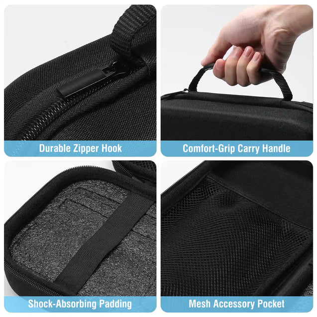 Black PB5 Walkie Talkie Carrying Case with durable zipper hook, comfort-grip handle, shock-absorbing padding, and mesh accessory pocket.