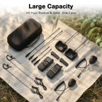 Collection of radios and gear on a checkered blanket with 'Large Capacity' text.