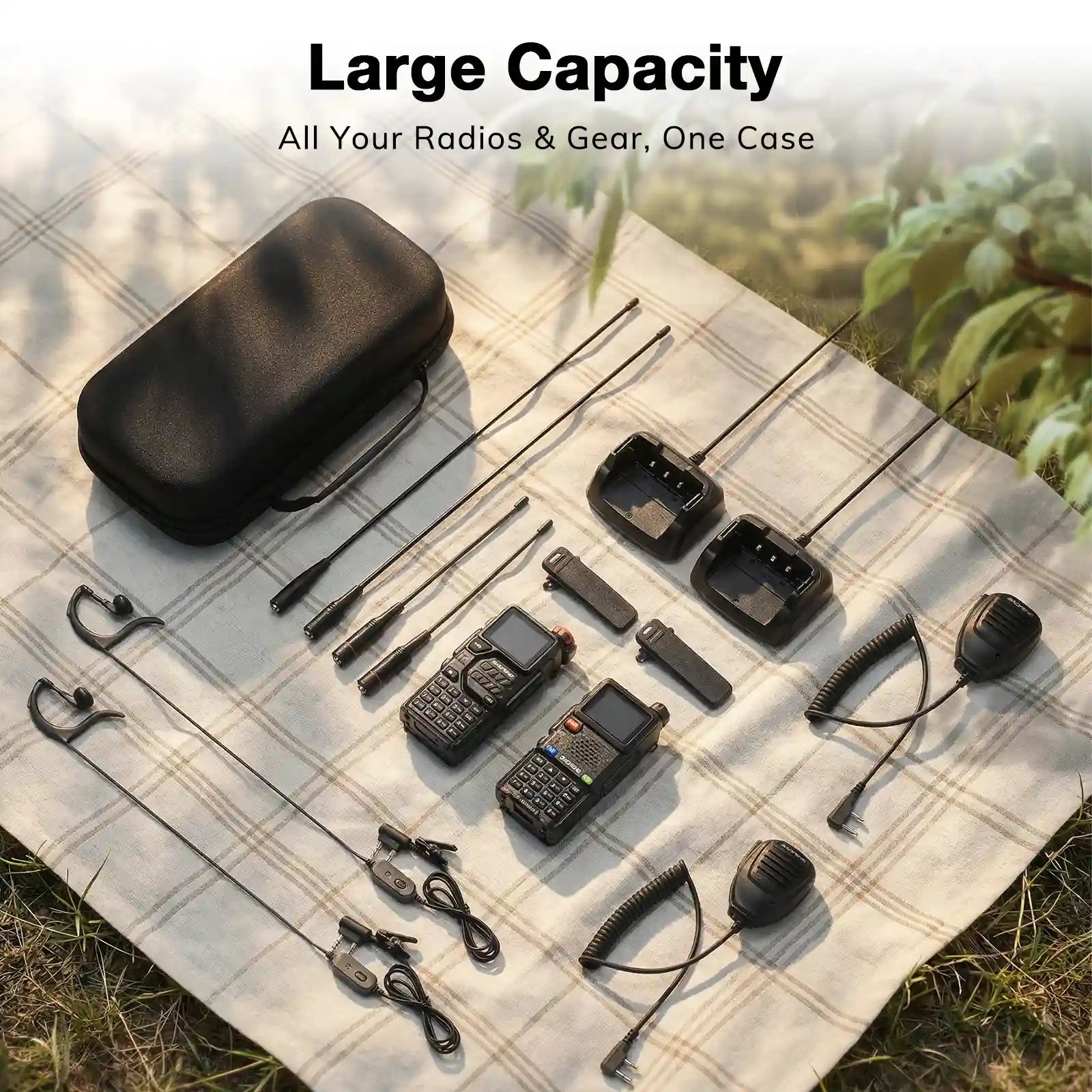 Collection of radios and gear on a checkered blanket with 'Large Capacity' text.