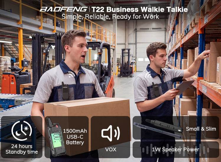 Two workers in a warehouse using a Baofeng T22 business walkie talkie.