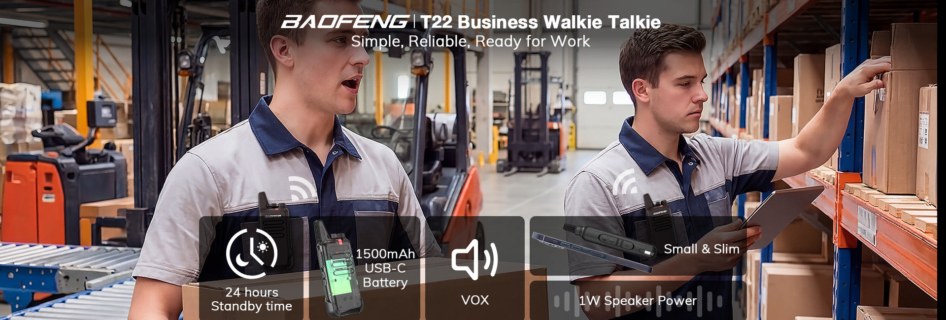 Two workers in a warehouse using a Baofeng T22 business walkie talkie.