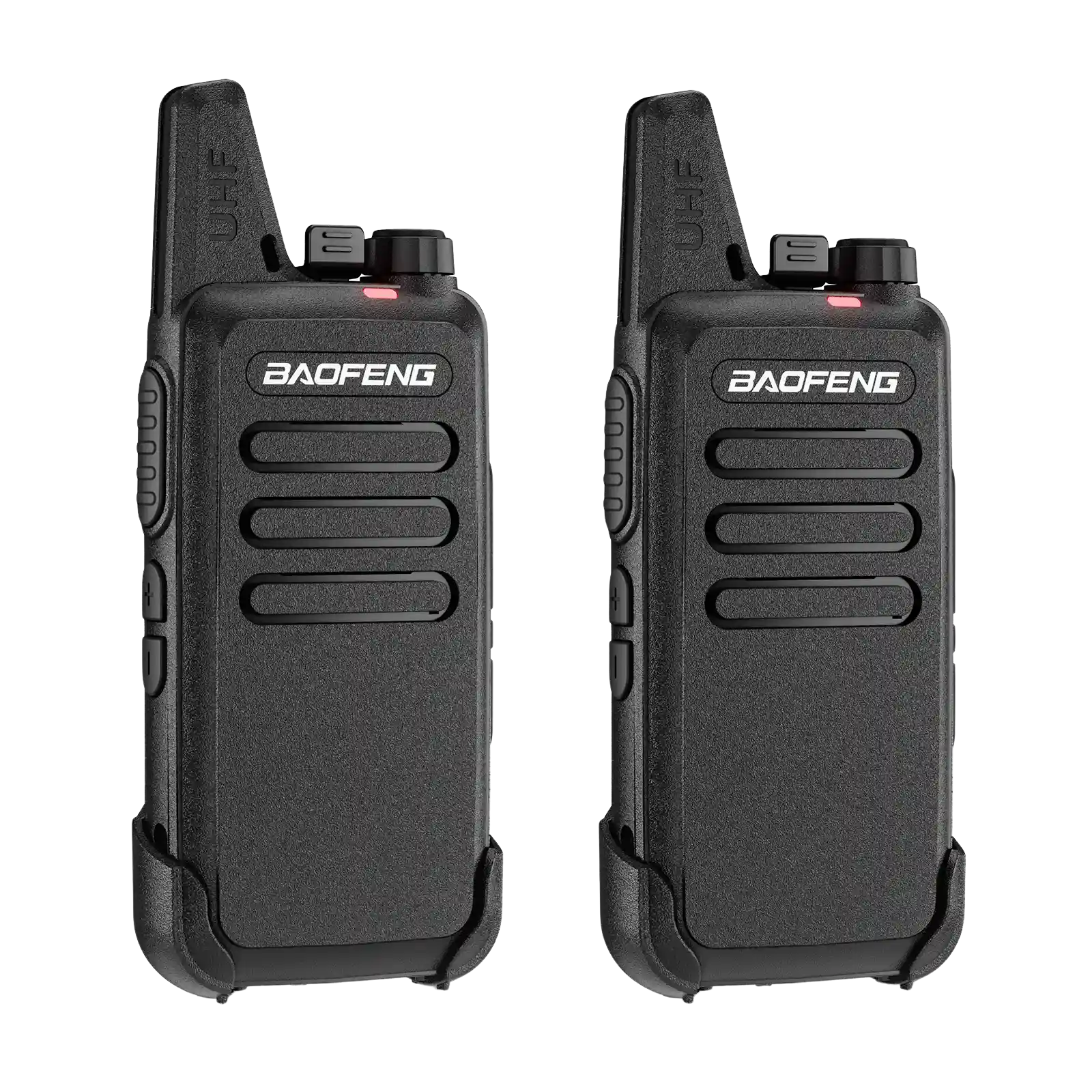 Two black Baofeng T22 walkie-talkies on a white background