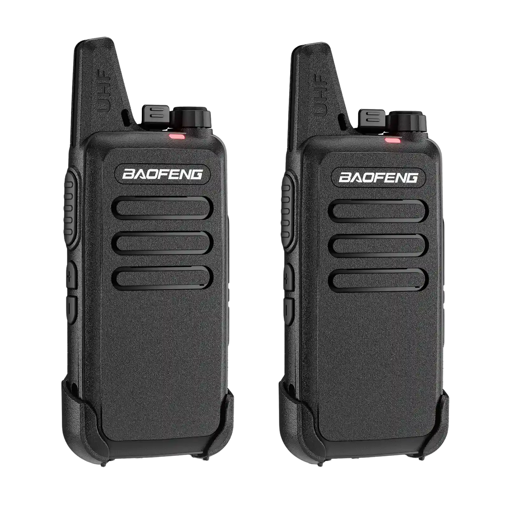 Two black Baofeng T22 walkie-talkies on a white background