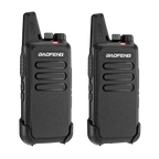 Two black Baofeng T22 walkie-talkies on a white background
