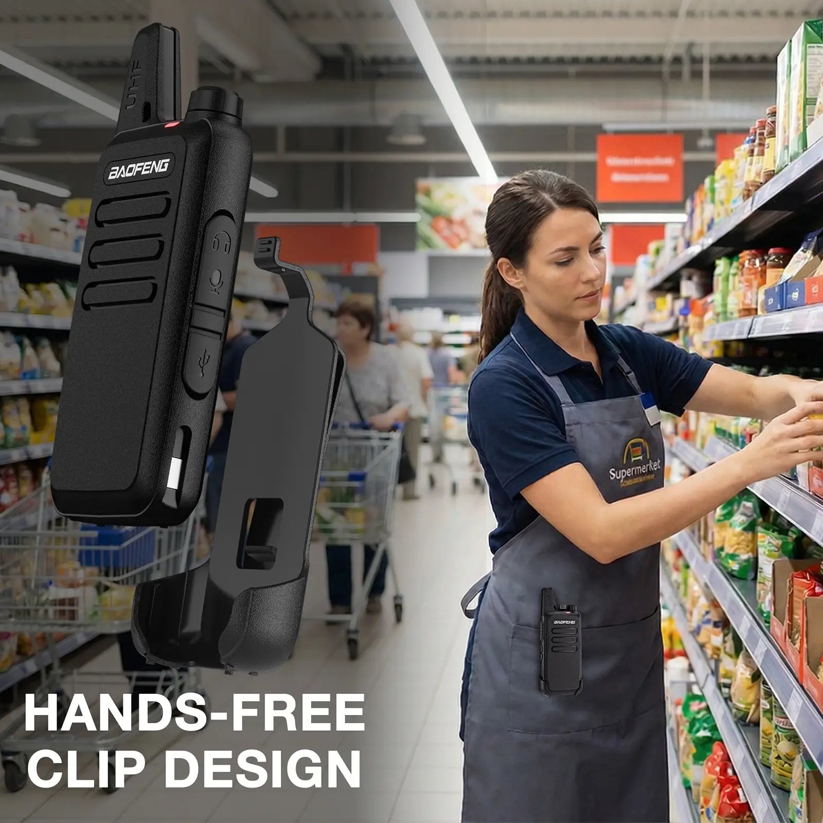 Supermarket employee with T22 walkie-talkie, emphasizing hands-free clip design.