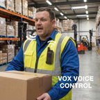 Man in a warehouse holding a box with 'VOX Voice Control' text overlay