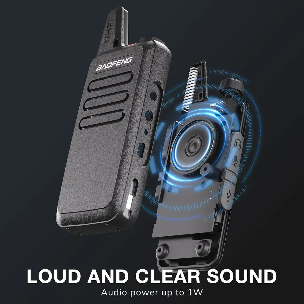 Two T22 walkie-talkies with a focus on sound quality on a dark background