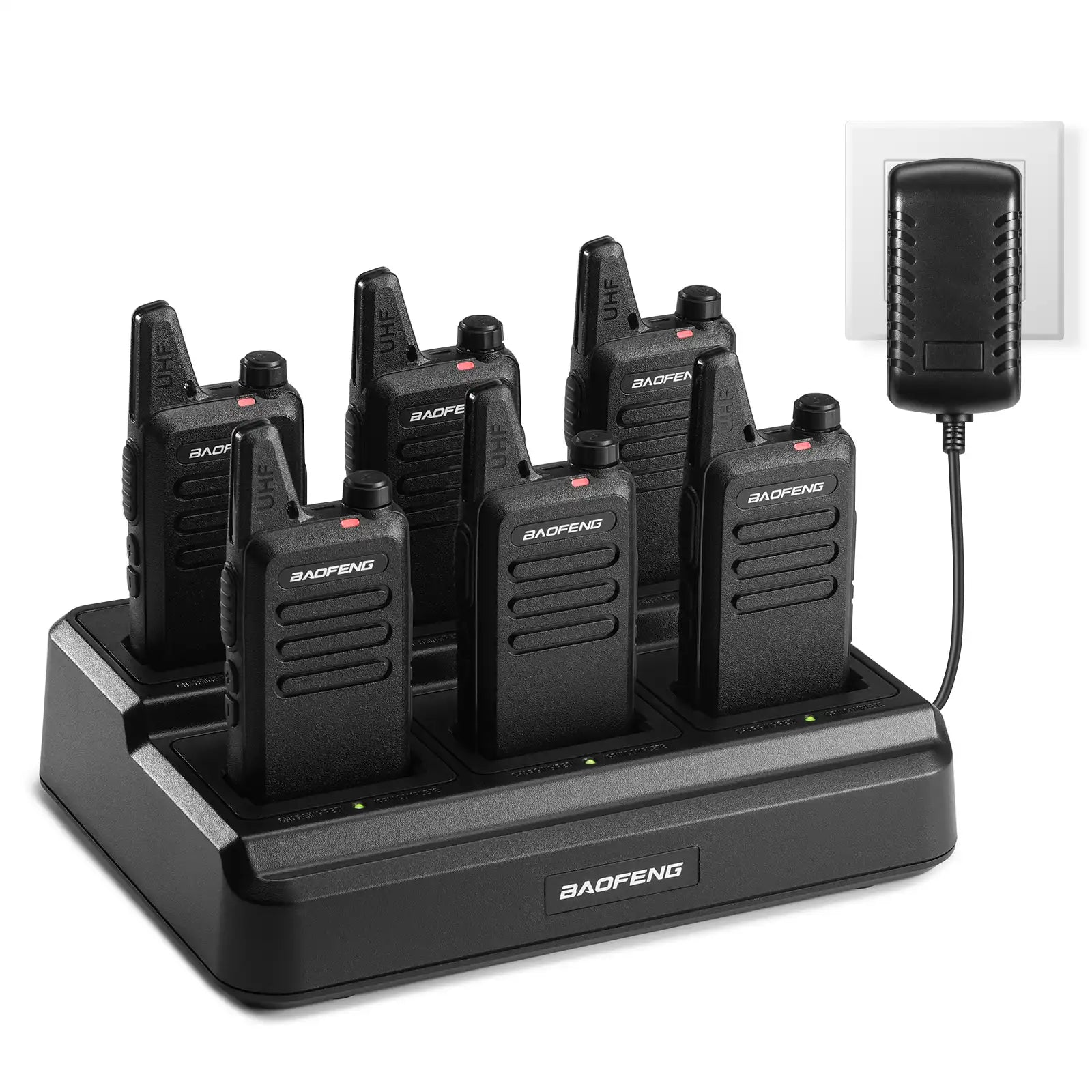 Set of BaofengT22 walkie-talkies on a charging station with an inset showing a close-up of one of the radios.