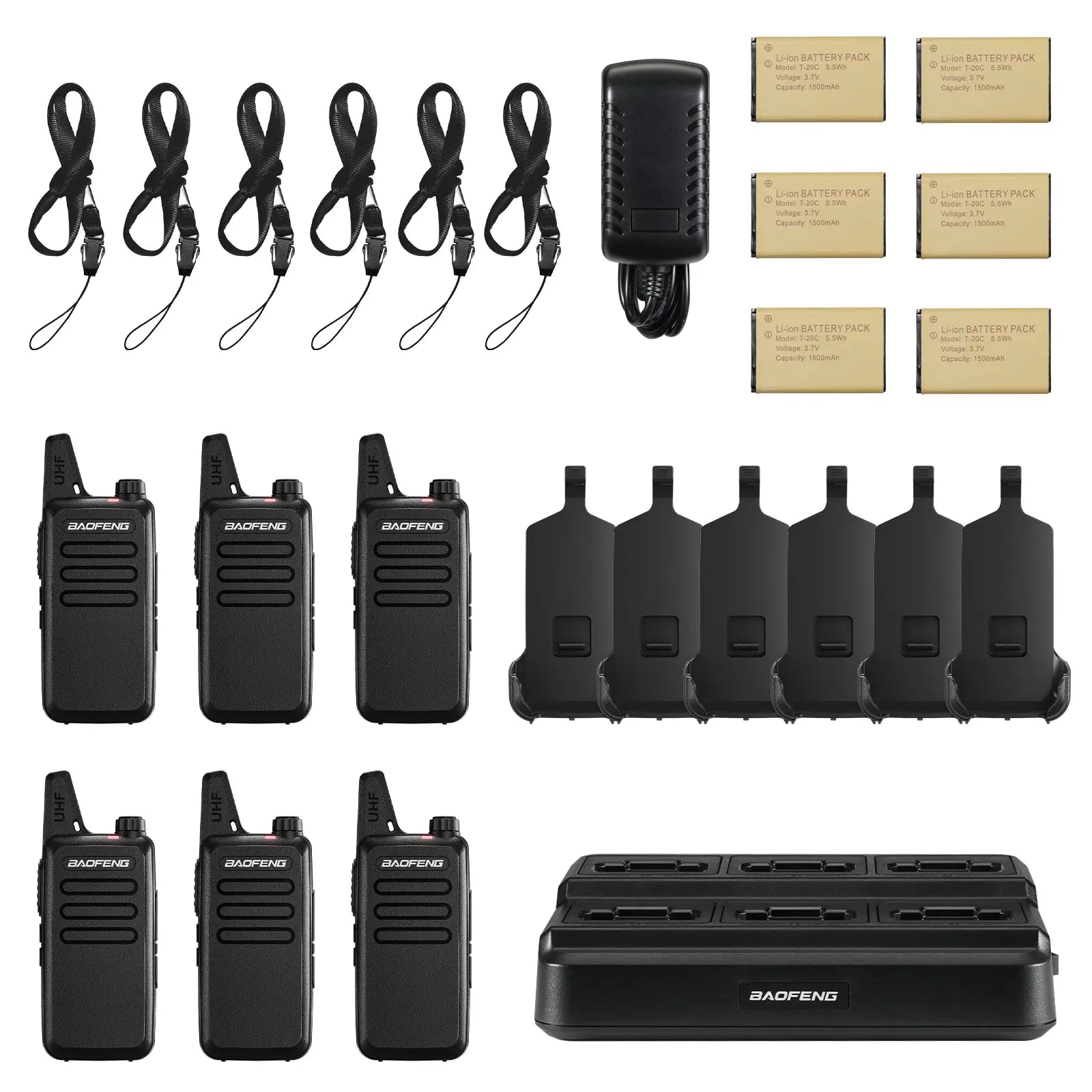 Set of Baofeng T22 walkie-talkies with accessories on a white background