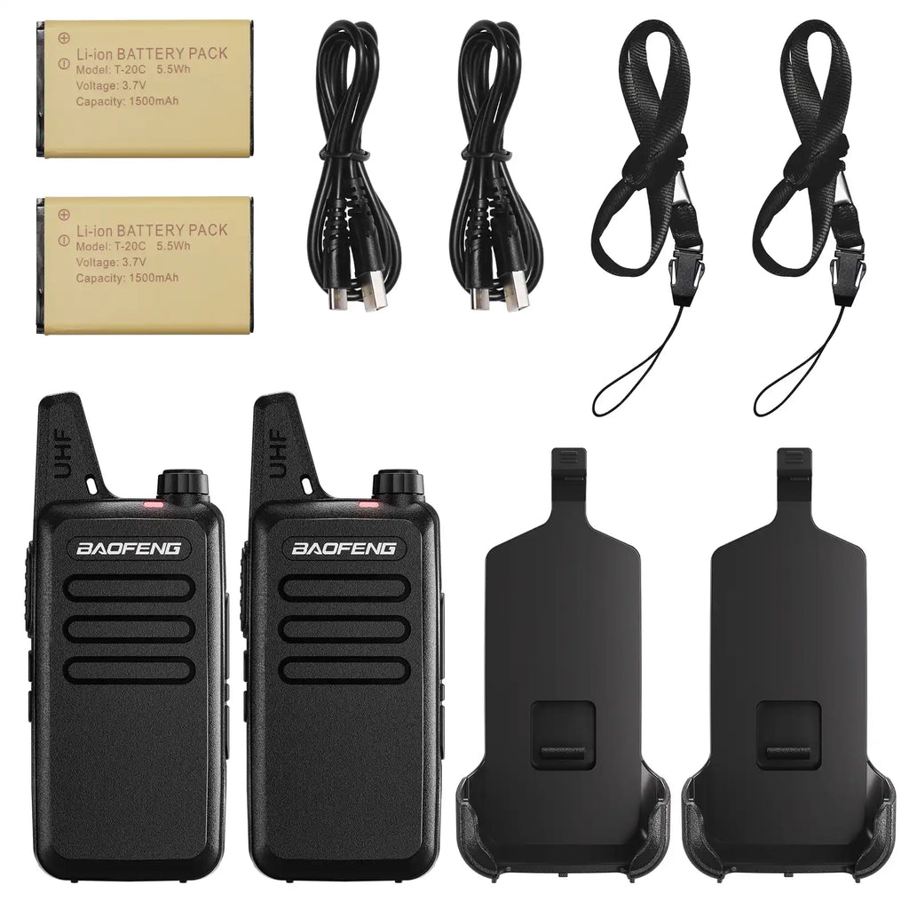Set of two T22 walkie-talkies with batteries, cables, and lanyards on a white background