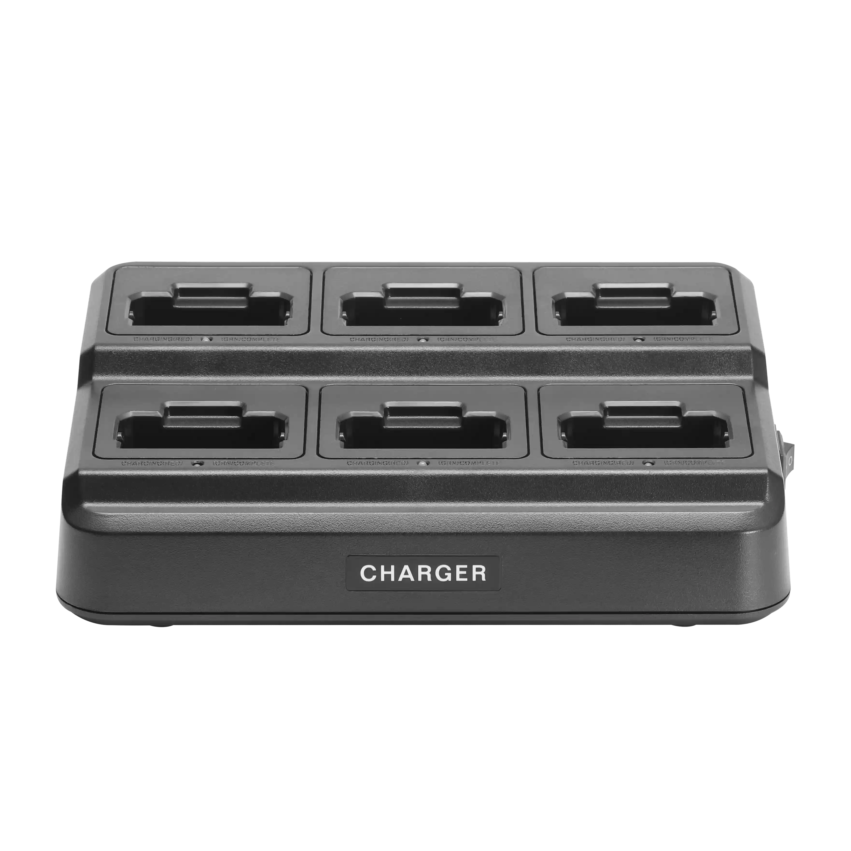 Black multiple-port charger on a white background