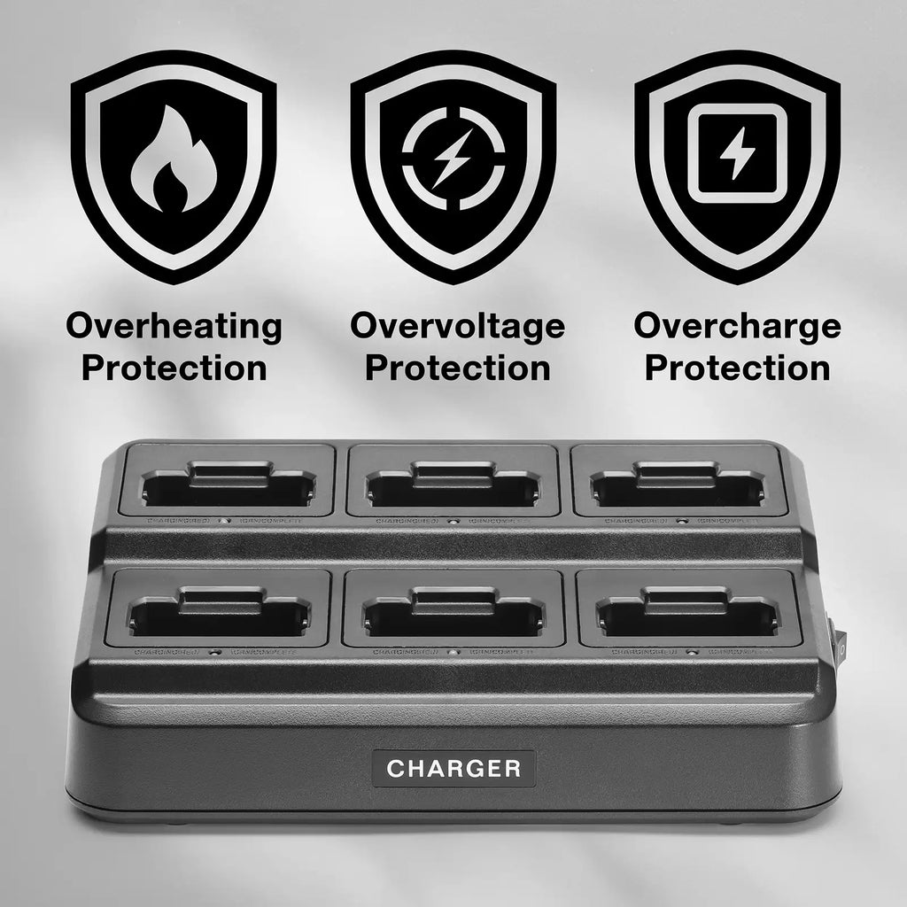 Charger with overheating, overvoltage, and overcharge protection symbols on a gray background