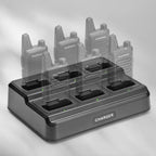 Set of walkie talkies on a charging station with 'BaoFeng' branding.