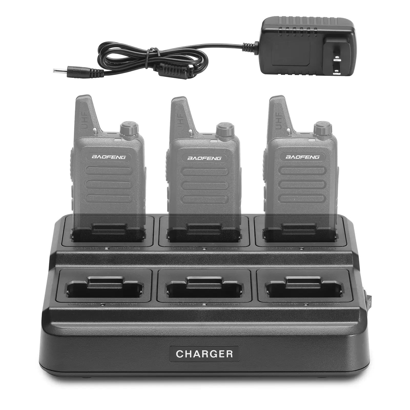 Four Baofeng walkie talkies on a charging station with a power adapter.