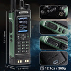 Baofeng UV-32 with close-up details and specifications on a dark background