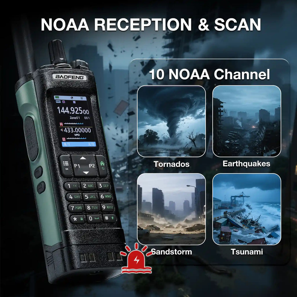 UV-32 with NOAA reception and scan feature on a dark background with natural disasters.