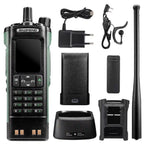 Set of Baofeng UV-32 accessories including battery, charger, and antenna on a white background.