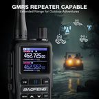 Baofeng UV-5G Mini with digital display on a dark background, featuring text about GMRS repeater capability.